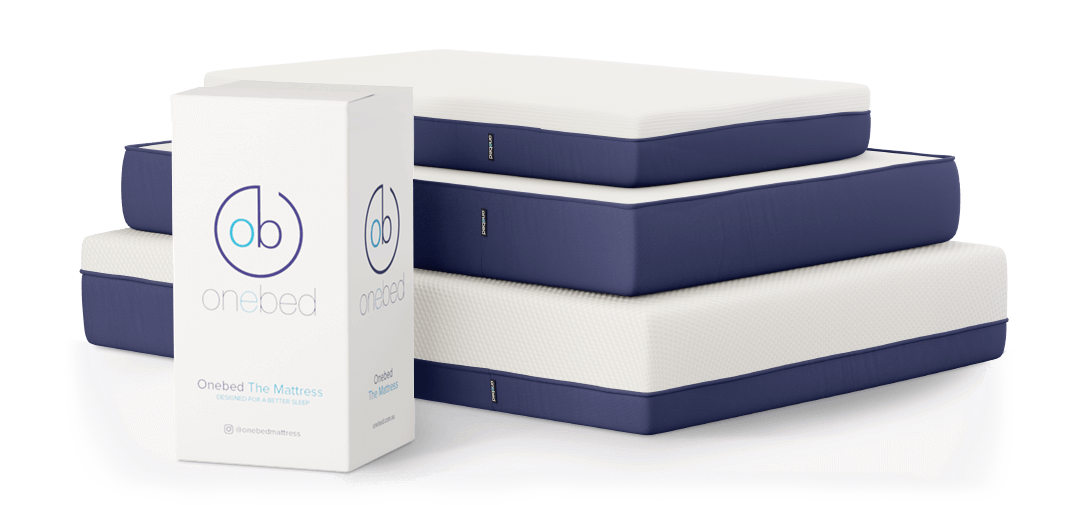 Onebed Essential Mattress and Onebed Original mattress on top of eachother with mattress box next to them